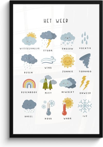Poster in lijst - Fotolijst 60x90 cm - Posters - Het weer - Leren voor kinderen - Educatief - Regenboog - Zon - Posterlijst zwart - Kamer decoratie - Wanddecoratie kinderkamer - Muurdecoratie babykamer