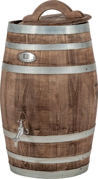 Regenton nieuw "Brown" 50 l. incl. kraan, los deksel, handvat en gat voor de vulautomaat / Houten Regenton / Bruin