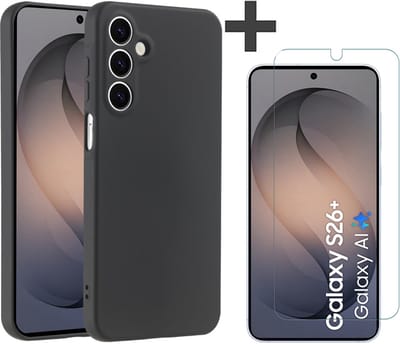 Hoesje geschikt voor Samsung Galaxy S26 Plus hoesje zacht siliconen met gehard glas Screenprotector- Arara backcover - Zwart
