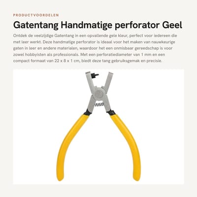 Dailygoods - Gatentang - Handmatige perforator - Geel - Leerbewerking - 1 mm perforator - Geschikt voor leer - 22 x 8 x 1 cm