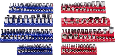 Magnetische Dopsleutel-Organizer Set, 8-Delig, 1/4 Inch, 3/8 Inch, 1/2 Inch Sae Metrische Trays, voor Maximaal 199 Doppen, Blauw En Rood