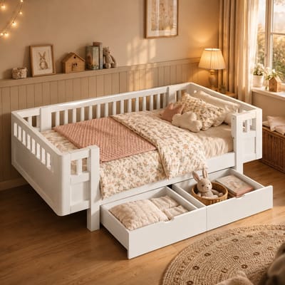 Kinderbed 90x200 cm - Eenpersoonsbed 90x200 cm - Vloerbed - Multifunctioneel bed - Massief houten bedframe - Met veiligheidsleuning - Met lades - Wit