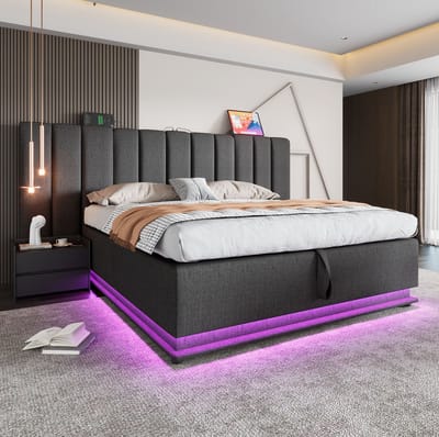 MEUNIQ tweepersoonsbed 180x200 cm met opbergruimte, LED-verlichting met app- en afstandsbediening, 3 USB en USB-C, lattenbodem, grijze stoffering
