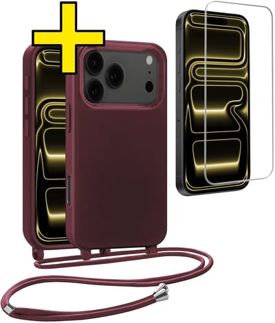 Hoesje Geschikt voor iPhone 17 Pro Hoesje Met Koord Met Screenprotector Siliconen Case - Hoes Geschikt voor iPhone 17 Pro Backcover Met Afneembaar Koord - Aubergine