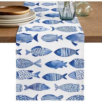 Waterverf Blauwe Kustvissen Linnen Tafelkleed Huisdecoratie Wasbaar Zomer Oceaan Thema Keuken Eettafel Kleed Feestdecoratie 150x33cm gray