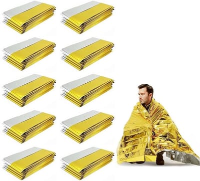 10 Stuks Nooddekens - Waterdichte overlevingsdeken - Survival Slaapzak - 210 cm x 160 cm - Extra grote zilveren gouden overlevingsdeken - Warme EHBO-doos - Omkeerbaar - Geweldig voor kamperen, overleven in de buitenlucht - Zilver/Goud