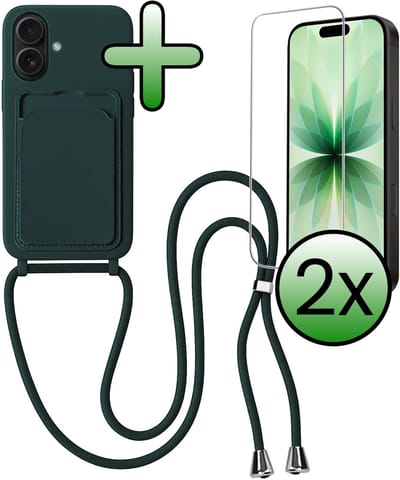 Hoes Geschikt voor iPhone 17 Hoesje Pas Houder Case Hoes Met Koord Met 2x Screenprotector - Hoesje Geschikt voor iPhone 17 Hoes Met Telefoonkoord Pasjeshouder Cover - Donkergroen