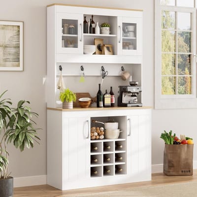 Keukenbuffet met opzetstuk - Servieskast dressoir - Keuken opbergen - Geïntegreerd wijnrek - 175 cm hoog - Wit houtkleur