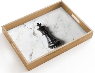 Dienblad hout 40x30 cm - Schootdienblad - Schaakstuk - Koning - Zwart - Marmer - Borrelplank rechthoek - Plateau dienbladen