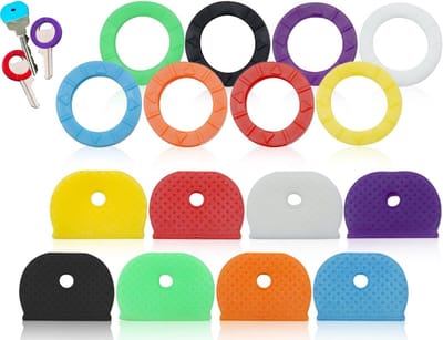 Set van 16 sleutelhoedjes, 8 ronde en 8 kleurrijke halfronde covers voor eenvoudige identificatie van standaard platte huissleutels, Kleur: zwart/bruin, Eén maat