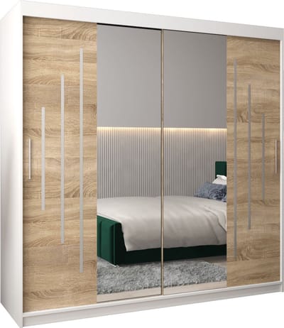 InspireMe - Kledingkast met 2 schuifdeuren, Modern-stijl, Een kledingkast met planken en een spiegel (BxHxD): 200x200x62 - MALTESE I 200 Wit Mat + Sonoma Eik