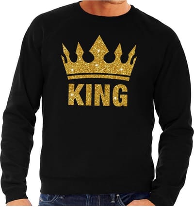 Bellatio Decorations Koningsdag verkleed sweater heren - zwart - King - glitter goud - kroon S