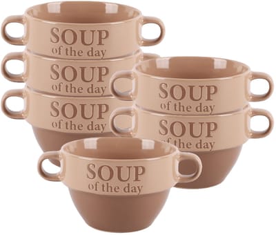 Bellatio Design Soepkommen - 6x - 500 ml - Soup of the day - keramiek - D12 x H8 cm - terra/beige - Stapelbaar