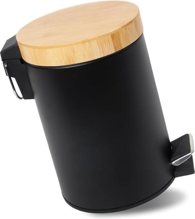 3L Badkamer prullenbak met houten deksel, Cosmetische prullenbak met zacht sluitmechanisme, Badkamer prullenbak, Afvalbak Badkamer (Zwart 3L)