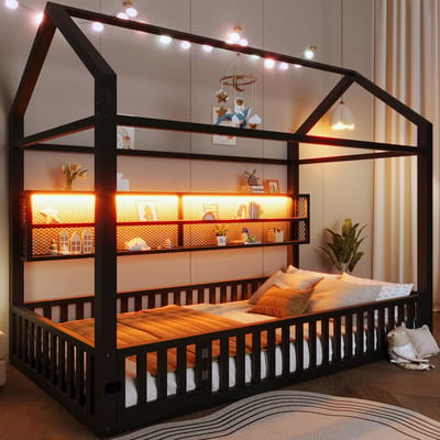 Kinderbed - 90x200 cm - Huisbed met LED - Omheining - Zwart