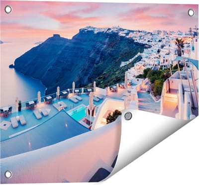 Gards Tuinposter Luxe Huisjes aan de Kust in Fira, Griekenland - 50x40 cm - Tuindoek - Tuindecoratie - Wanddecoratie buiten - Tuinschilderij