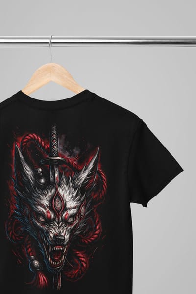 Oversized shirt - Lobo samurai - Wurban Wear | Draak | Anime streetwear | Asian streetwear | Streetwear | Geisha | Techno outfit | Fantasy shirt | Gym shirt | y2k | Tattoo | Urban | Grote maten | Japanese mythology | Samurai | Zwart