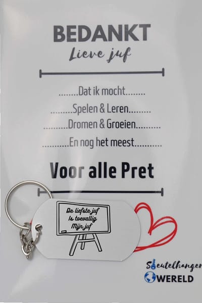 De liefste juf is toevallig mijn juf sleutelhanger inclusief kaart - juf cadeau – Cadeaupakket Juf - einde schooljaar - afscheid - Leuk kado voor je juf om te geven - 2.9 x 5.4CM