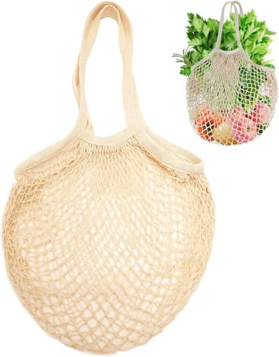Allecto Plus - Herbruikbare boodschappentassen met lange handgreep voor fruit en groenten - beige - Eco-vriendelijk - Duurzaam materiaal