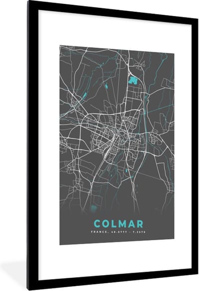 Fotolijst incl. Poster - Frankrijk – Plattegrond – Kaart – Colmar – Stadskaart - 60x90 cm - Posterlijst