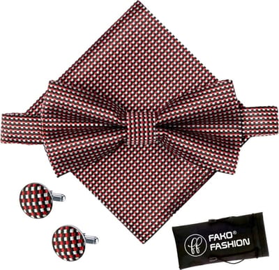 Fako Fashion - Vlinderstrik, Pochette & Manchetknopen Blok - Vlinderdas - Strikje - Pochet - Geblokt - Bordeaux Rood