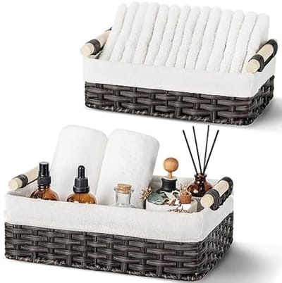 Set van 2 Decoratieve Rieten Opbergmanden met Voering - Bruine Rotan Organizer voor Planken, Badkamer en Huisdecoratie - Handige Opbergoplossing voor Toiletspullen en Accessoires