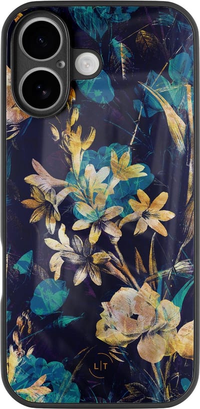 Hoesje geschikt voor iPhone 17 - Bloemen turquoise - Luxe Glazen Hardcase - Bloemen - Blauw - Leuke Telefoonhoesjes