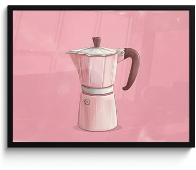 Poster in lijst - Fotolijst 70x50 cm - Posters - Roze - Mokkapot - Illustratie - Koffie - Posterlijst zwart - Decoratie - Wanddecoratie woonkamer - Muurdecoratie slaapkamer