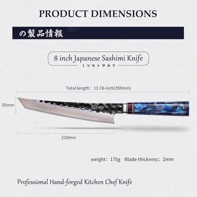 Professioneel 21cm Japans Koksmes van Handgesmeed Tricolour Koper Damascus Staal, Ideaal voor Vlees en Sushi, Inclusief Cadeauverpakking en Blauw Houten Handvat