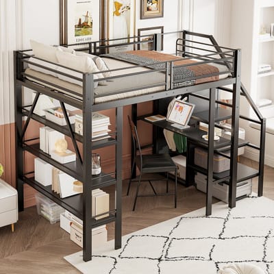 DESMIU Hoogslaper 140x200cm - Multifunctioneel Bed Met Bureau En Kledingkast - Opbergrekken - Jeugdkamer - Metaal - Zwart - Zonder Matras