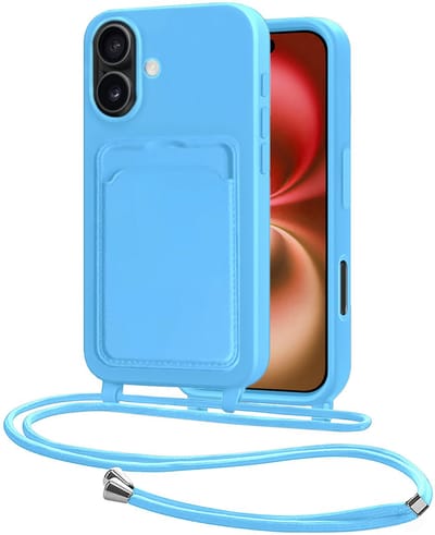 Hoes Geschikt voor iPhone 16 Plus Hoesje Pasjeshouder Cover Met Koord Case Siliconen Hoes Met Telefoonkoord en Kaarthouder - Lichtblauw