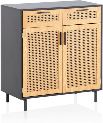 dressoir 80x86,5x40 cm ladekast zwart met Weens vlechtwerk, hoge ladekast tijdloos, staande kast woonkamer met 2 deuren en lades, dressoir rotan