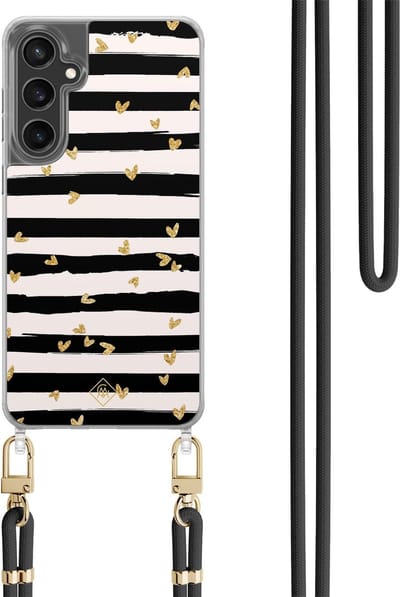 Casimoda® hoesje met koord - Geschikt voor Samsung S24 FE - Hart Streepjes - Afneembaar koord - TPU/polycarbonaat - Zwart