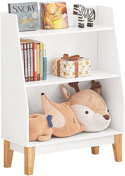SoBuy KMB47-W Kinderboekenrek Wit – Boekenkast met 3 Opbergvakken & Massief Houten Poten – Speelgoedrek voor Kinderkamer, 60×80×25 cm