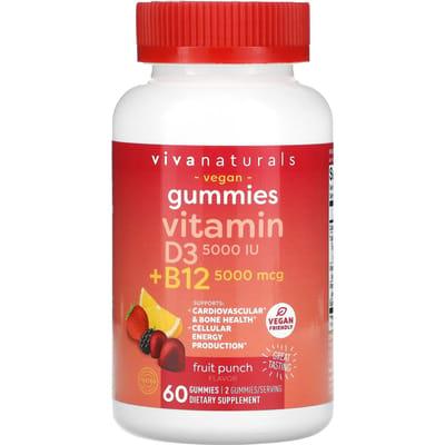 Viva Naturals, Vitamine D3 + B12, punch aux fruits, 60 gummies