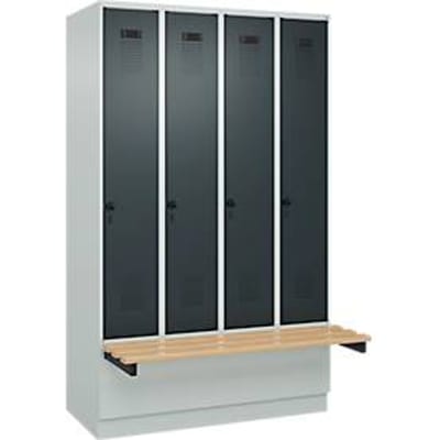 C+P Evolo Plus garderobekast, 4 vakken van elk 300 mm breed, sokkel, zwevende bank, B 1200 x D 815 x H 1950 mm, draaischroef, lichtgrijs/antracietgrijs