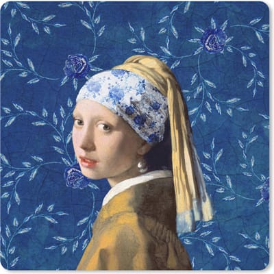 Muismat 20x20 cm - Mousepad Meisje met de parel - Delfts blauw - Vermeer - Bloemen - Schilderij - Oude meesters - Muismatten