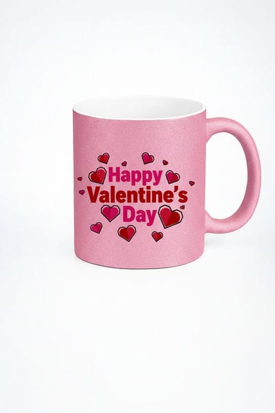 Valentijnsdag Mok Roze Glitter met Happy Valentine's Day & Hartjes | Romantisch Cadeau