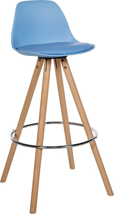 CLP Corbin Barkruk - Met rugleuning - Hout rond frame - Kunstleer - natura/blauw