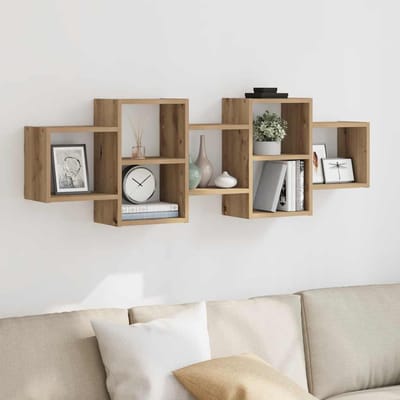 vidaXL - Wandschap - 129x18x42 - cm - bewerkt - hout - artisanaal - eikenkleurig