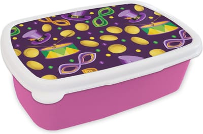 Broodtrommel Roze - Lunchbox - Brooddoos - Carnaval - Feest - Paars - Patronen - 18x12x6 cm - Kinderen - Meisje