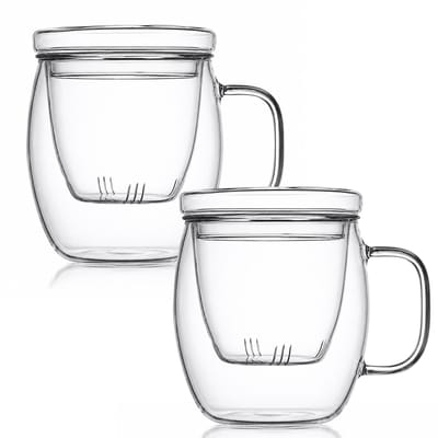 House of Husk Theeglazen Set met Filter - Grote Thee Kop - Losse Thee Filter - 2 Stuks - 400 ML
