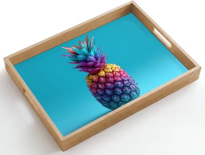 Dienblad hout 50x35 cm - Schootdienblad - Ananas - Regenboog - Blauw - Popart - Borrelplank rechthoek - Plateau dienbladen