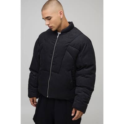 Boxy Fit Washed Nylon Duvet Funnel Neck Puffer Jacket | Black | Size Medium