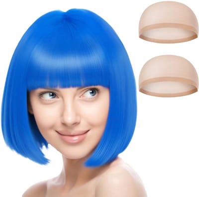 Korte Neon Bob Peruk met 2 Haarnetten voor Cosplay, Feest, en Halloween Decoraties - Lichtblauw