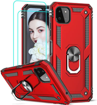 Hoesje Geschikt Voor Samsung Galaxy A22 Hoesje Anti-Shock Hybrid Armor hoesje Rood - Hoesje Geschikt Voor Samsung Galaxy A22 5G kickstand Ring houder TPU backcover hoesje - met screenprotector Galaxy A22 5G - 2 pack
