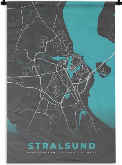 Wandkleed - Wanddoek - Stadskaart – Plattegrond – Duitsland – Blauw – Stralsund– Kaart - 120x180 cm - Wandtapijt