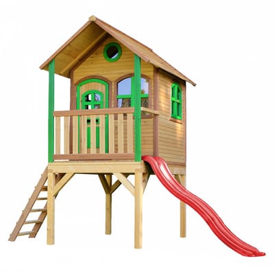 AXI Laura Speelhuis Bruin/groen - Rode Glijbaan – Classic speelhuisje met verdieping en ladder – FSC hout - Speeltoestel voor kinderen