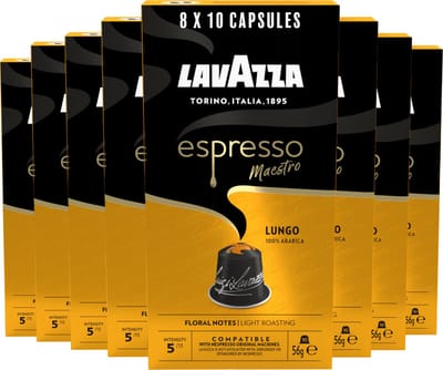 Lavazza Espresso Lungo Koffiecups - 80 Aluminium Cups - 100% Arabica Koffie - Intensiteit: 5/13 - 8 x 10 Capsules - Geschikt voor Nespresso