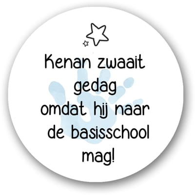 25x Traktatiesticker Afscheid Peuter Jongen – “Naam zwaait gedag” – Blauw Handje – Basisschool – 4 cm – Personaliseerbaar